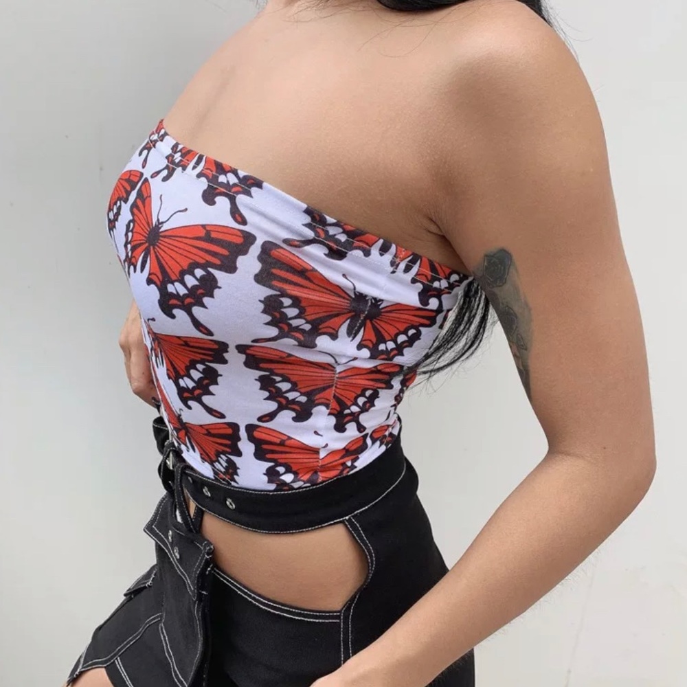 NEW! Orange Butterfly White Black Tube Crop Top🦋 - Picture 6 of 9